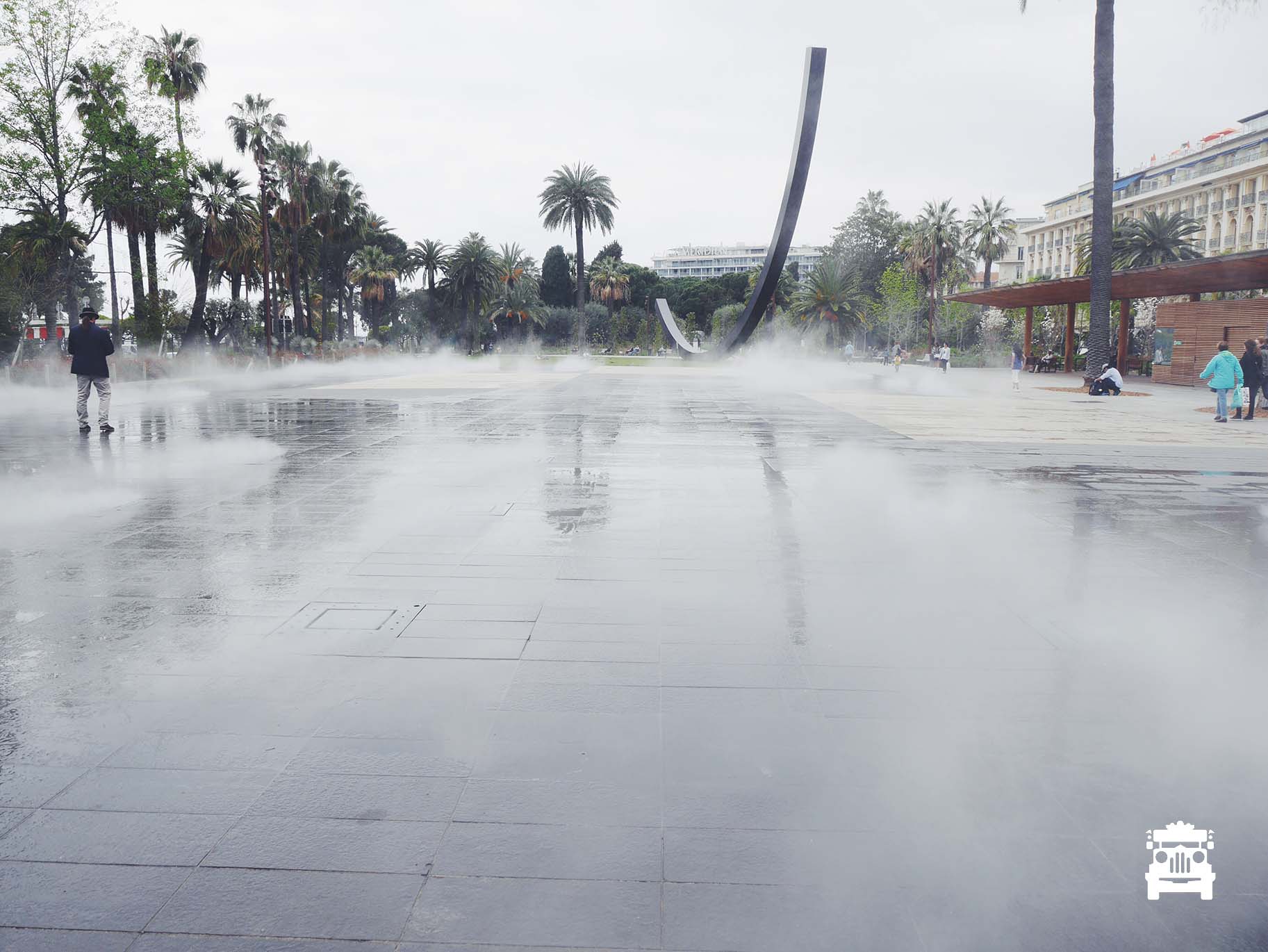 Misty square - misty water sprayed continuously 